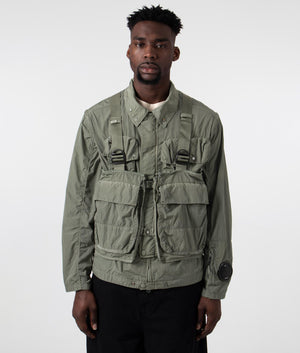 CP Company Chrome-R Goggle Utility Jacket in Agave Green, 100% Polyamide Front Shot at EQVVS