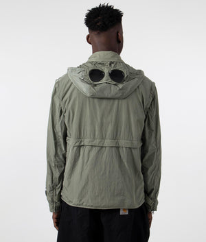 CP Company Chrome-R Goggle Utility Jacket in Agave Green, 100% Polyamide Back Goggle Shot at EQVVS