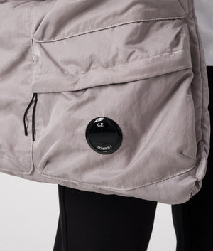 CP Company Nylon Tote Bag in Drizzle Grey Featuring the CP Goggle Detail Shot at EQVVS