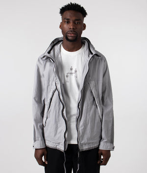 CP Company 50 Fili Gum Mixed Goggle Jacket in Drizzle Grey with Goggle Hood Front Unzipped Shot at EQVVS