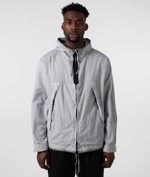 CP Company 50 Fili Gum Mixed Goggle Jacket in Drizzle Grey with Goggle Hood Front Shot at EQVVS