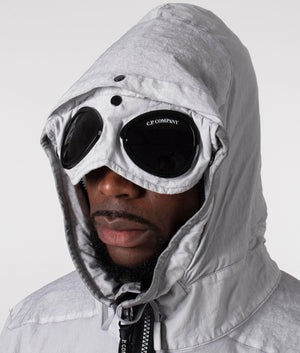 CP Company 50 Fili Gum Mixed Goggle Jacket in Drizzle Grey with Goggle Hood Close Up Hooded Shot at EQVVS
