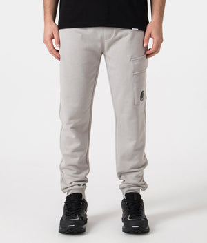 CP Company Diagonal Raised Fleece Cargo Joggers in Drizzle Grey Featuring the CP Goggle Front Shot at EQVVS