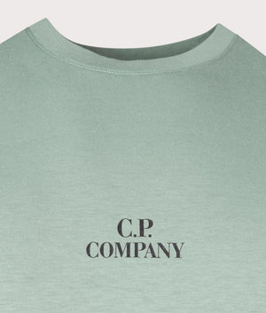 CP Company 30/1 Jersey Graphic T-Shirt in Bay Green with large CP Company Back Print, 100% Cotton Detail Shot at EQVVS