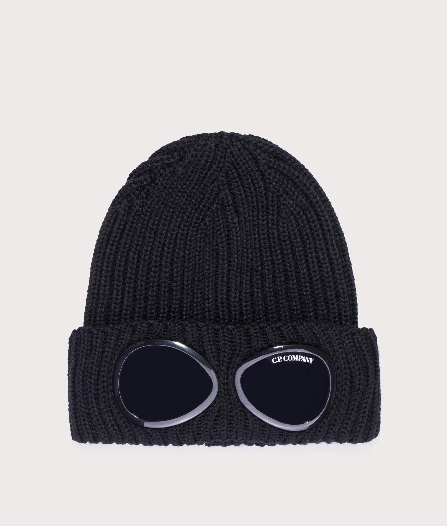 Extrafine Merino Knit Goggle Beanie in Black by C.P. Company. EQVVS Front Angle Shot.