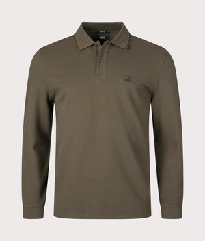 CP Company Stretch Piquet Long Sleeve Polo Shirt in Ivy Green, 100% Cotton  Front Shot at EQVVS