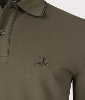 CP Company Stretch Piquet Long Sleeve Polo Shirt in Ivy Green, 100% Cotton  Close Up Shot at EQVVS