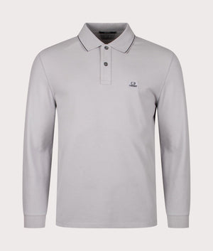 CP Company Stretch Piquet Long Sleeve Polo Shirt in Drizzle Grey Front Shot at EQVVS