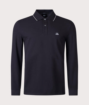 CP Company Stretch Piquet Long Sleeve Polo Shirt in Black Front Shot EQVVS