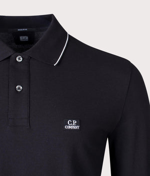 CP Company Stretch Piquet Long Sleeve Polo Shirt in Black Detail Shot EQVVS