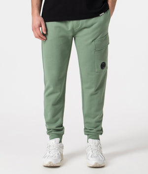 CP Company Diagonal Raised Fleece Cargo Joggers in Green Featuring the CP Company Goggle, 100% Cotton Front Shot at EQVVS