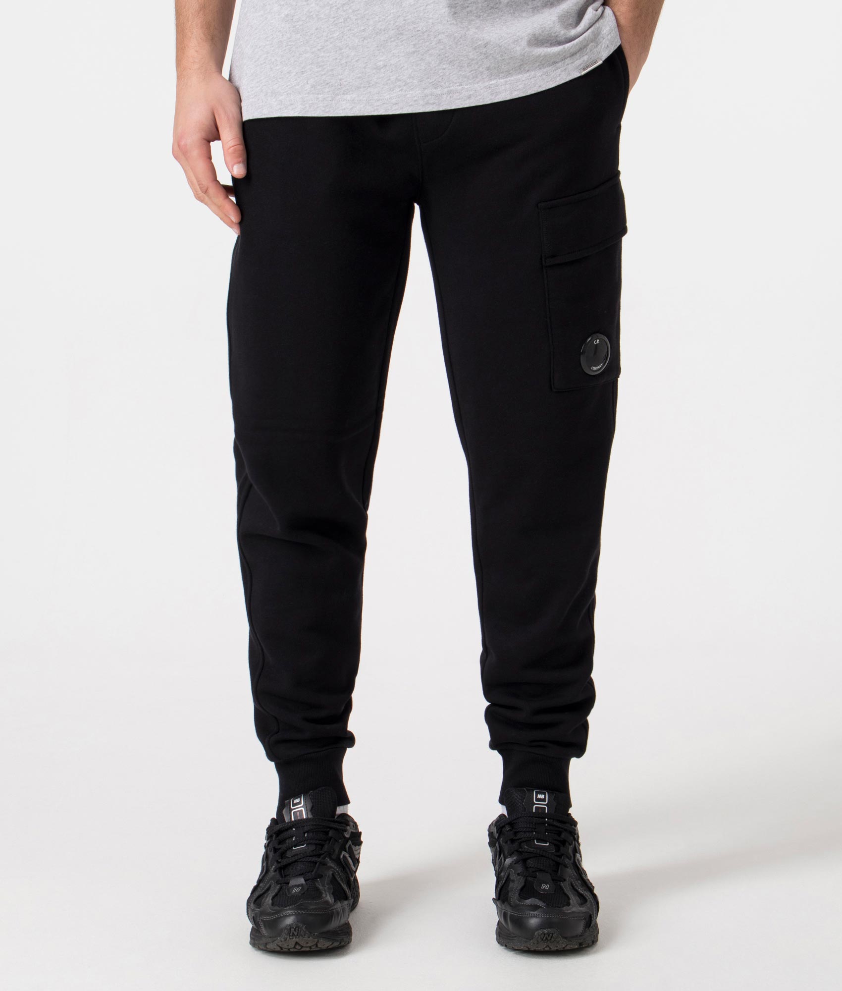 CP Company Diagonal Raised Fleece Cargo Joggers in Black featuring the CP Goggle, 100% Cotton Front Shot EQVVS