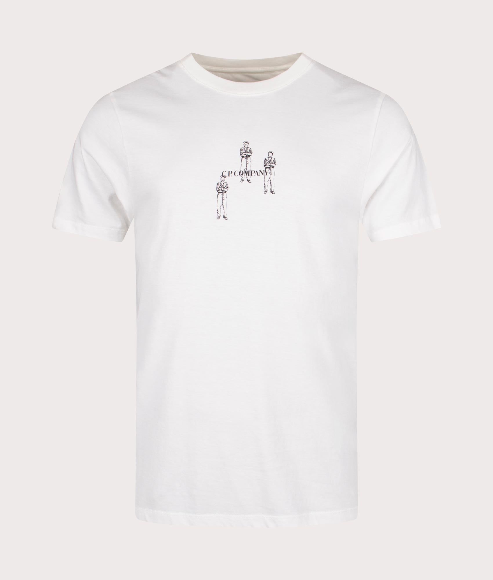 CP Company 30/1 Jersey Relaxed Graphic T-Shirt in Gauze White with Graphics on the Chest and CP Logo Back Print, 100% Cotton Front Shot at EQVVS