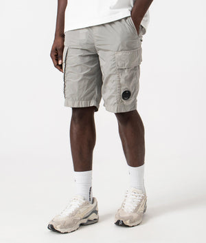 Chrome-R Cargo Bermuda Shorts in Drizzle Grey by C.P. Company. EQVVS Side Angle Shot.