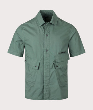 Short Sleeve Popeline Pocket Shirt in Duck Green by C.P. Company. EQVVS Front Angle Shot.