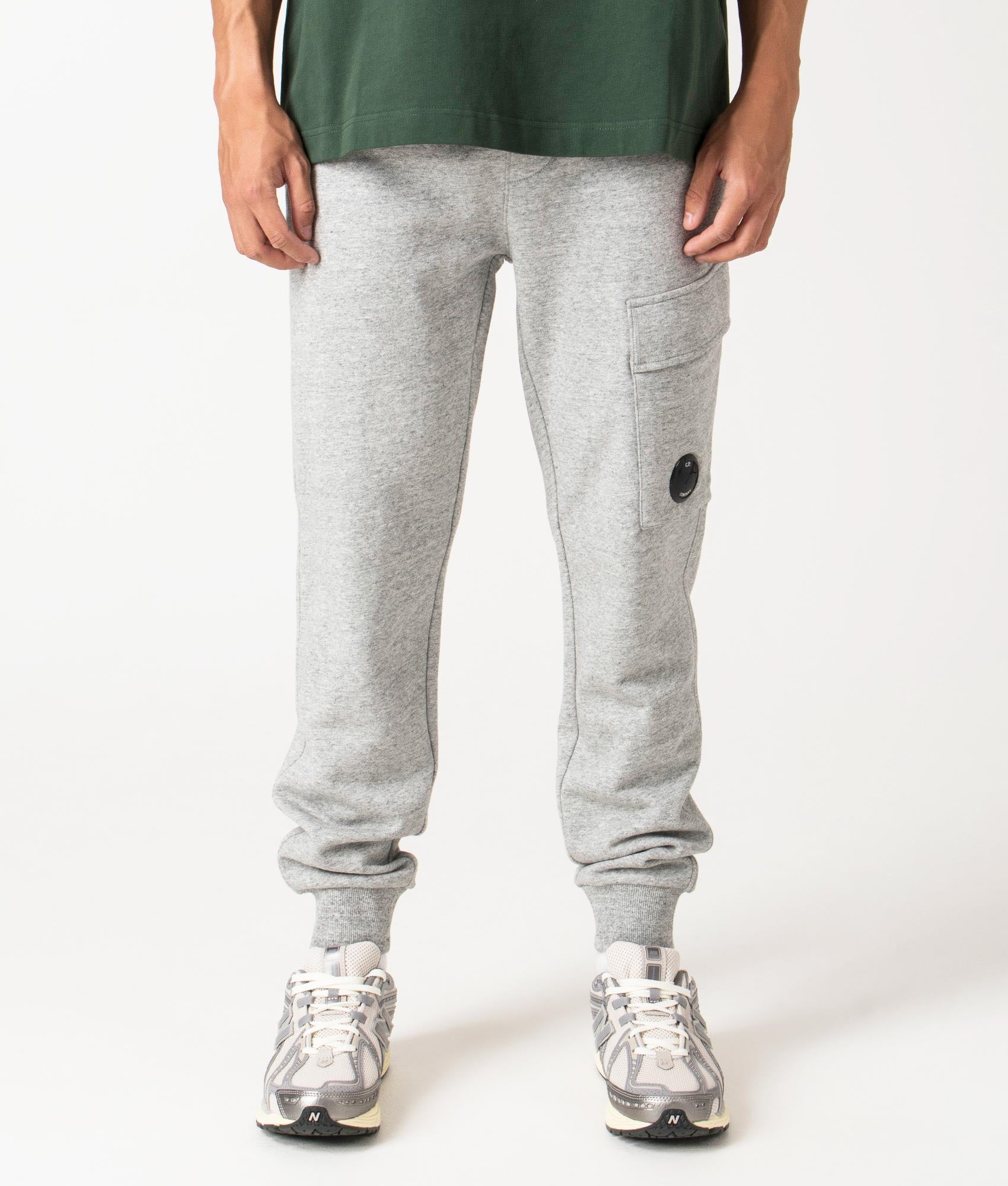 C.P. Company greystone melange Joggers, shot at EQVVS. Front shot. 