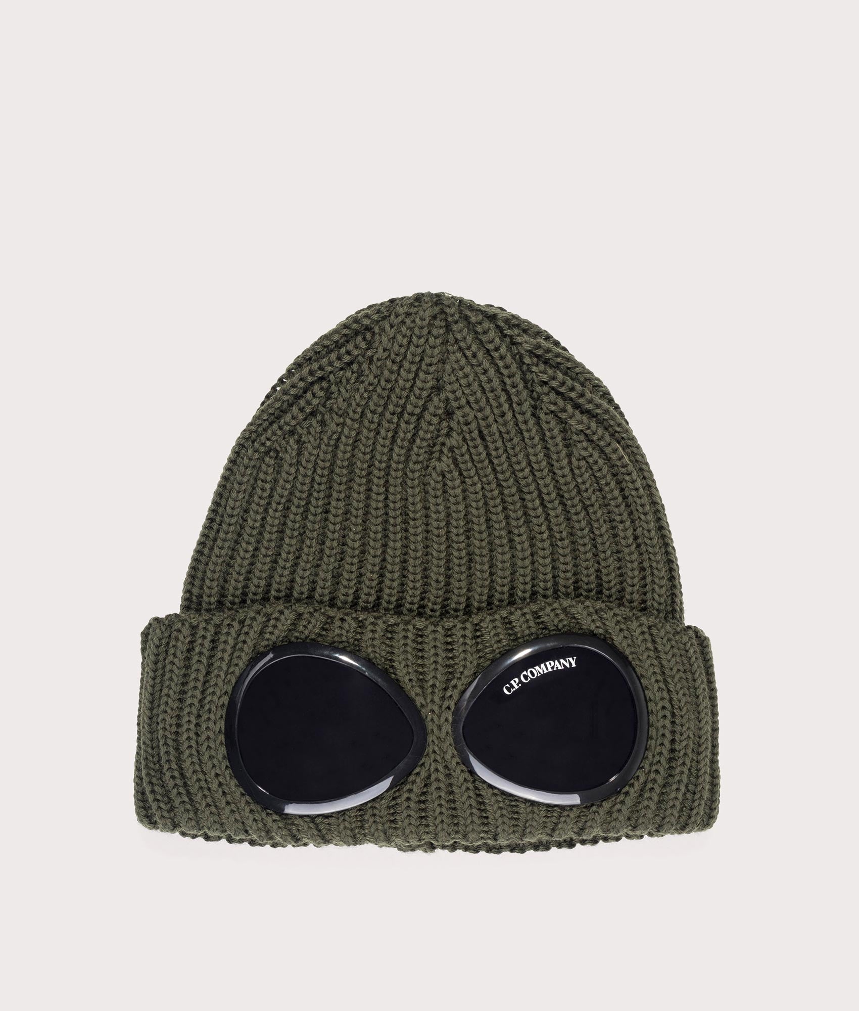 CP Company Extra Fine Merino Wool Goggle Beanie in Ivy Green at EQVVS menswear front shot
