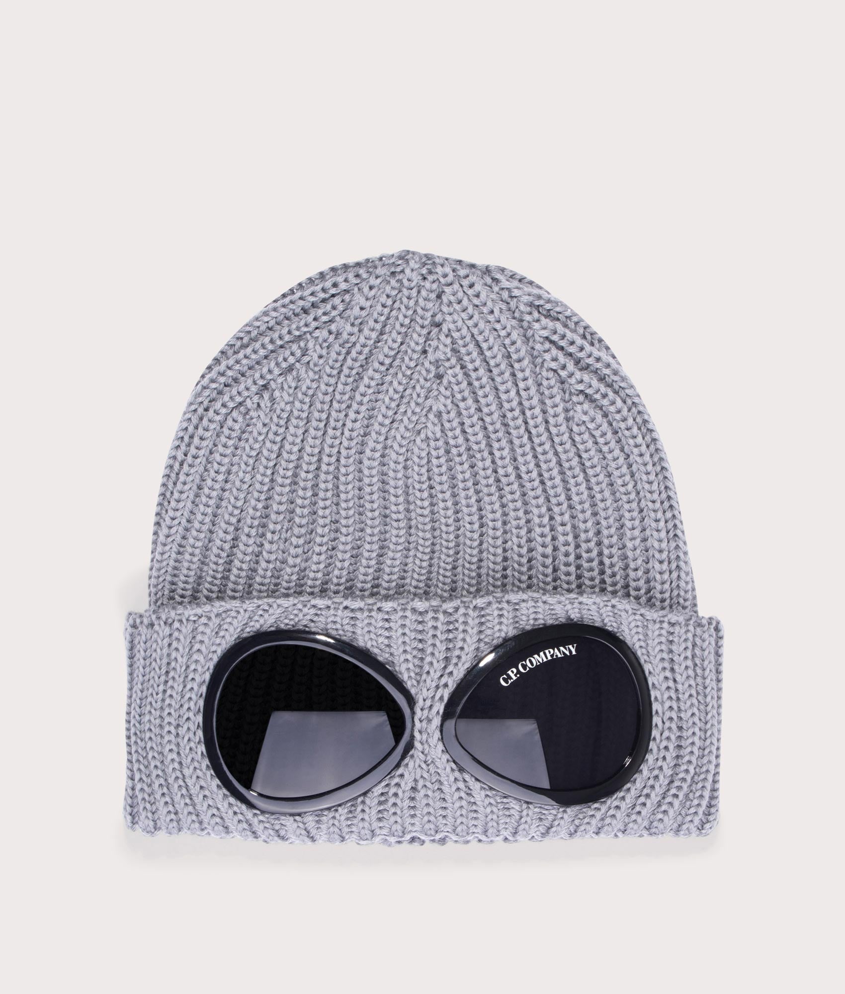 Extra Fine Merino Wool Goggle Beanie in Griffin Grey by C. P. Company. EQVVS Shot. 