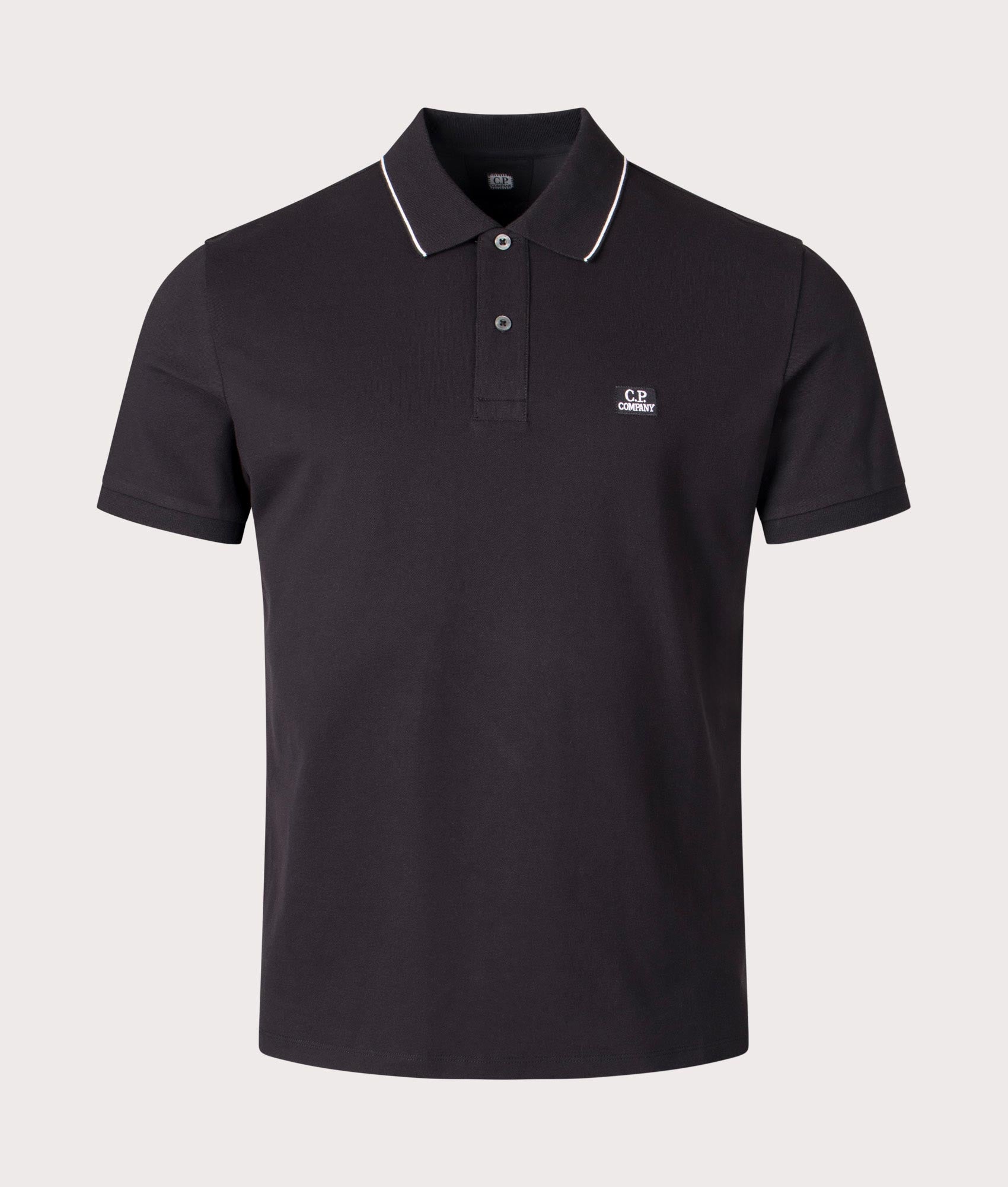 CP Company Stretch Piquet Striped Collar Polo Shirt In Black at EQVVS Menswear front shot