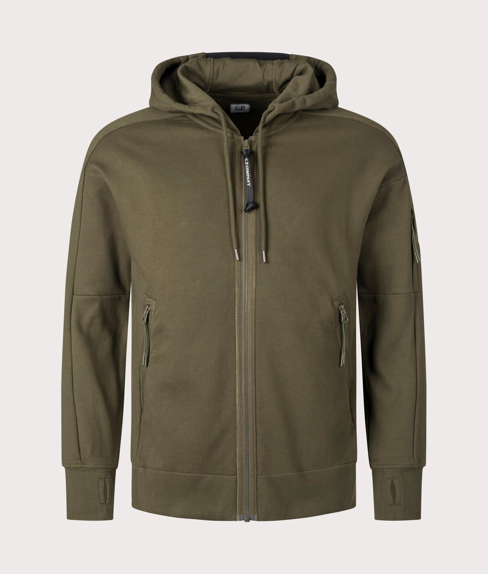 Diagonal Raised Fleece Zip Through Hoodie in Ivy Green by C.P. Company. EQVVS Shot.