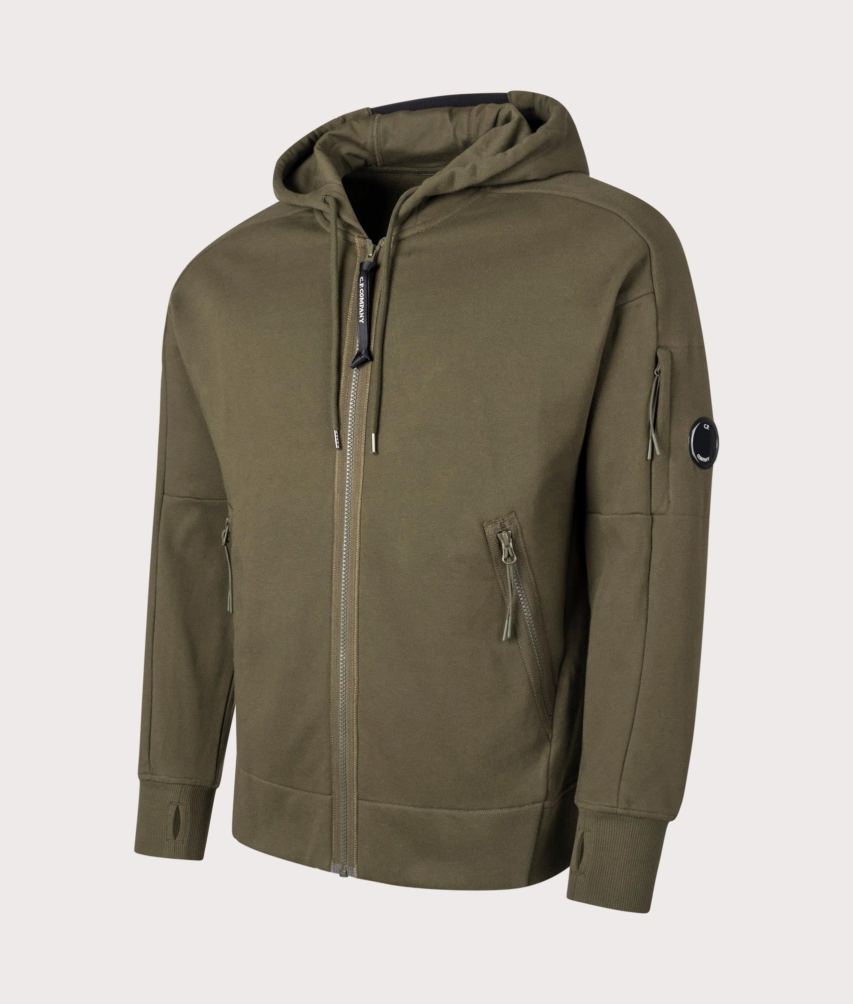 Diagonal Raised Fleece Zip Through Hoodie in Ivy Green by C.P. Company. EQVVS Shot. 