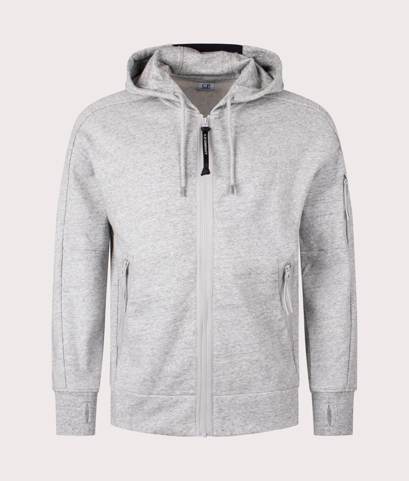 Diagonal Raised Fleece Zip Through Hoodie in Greystone Melange by C.P. Company. EQVVS Shot.
