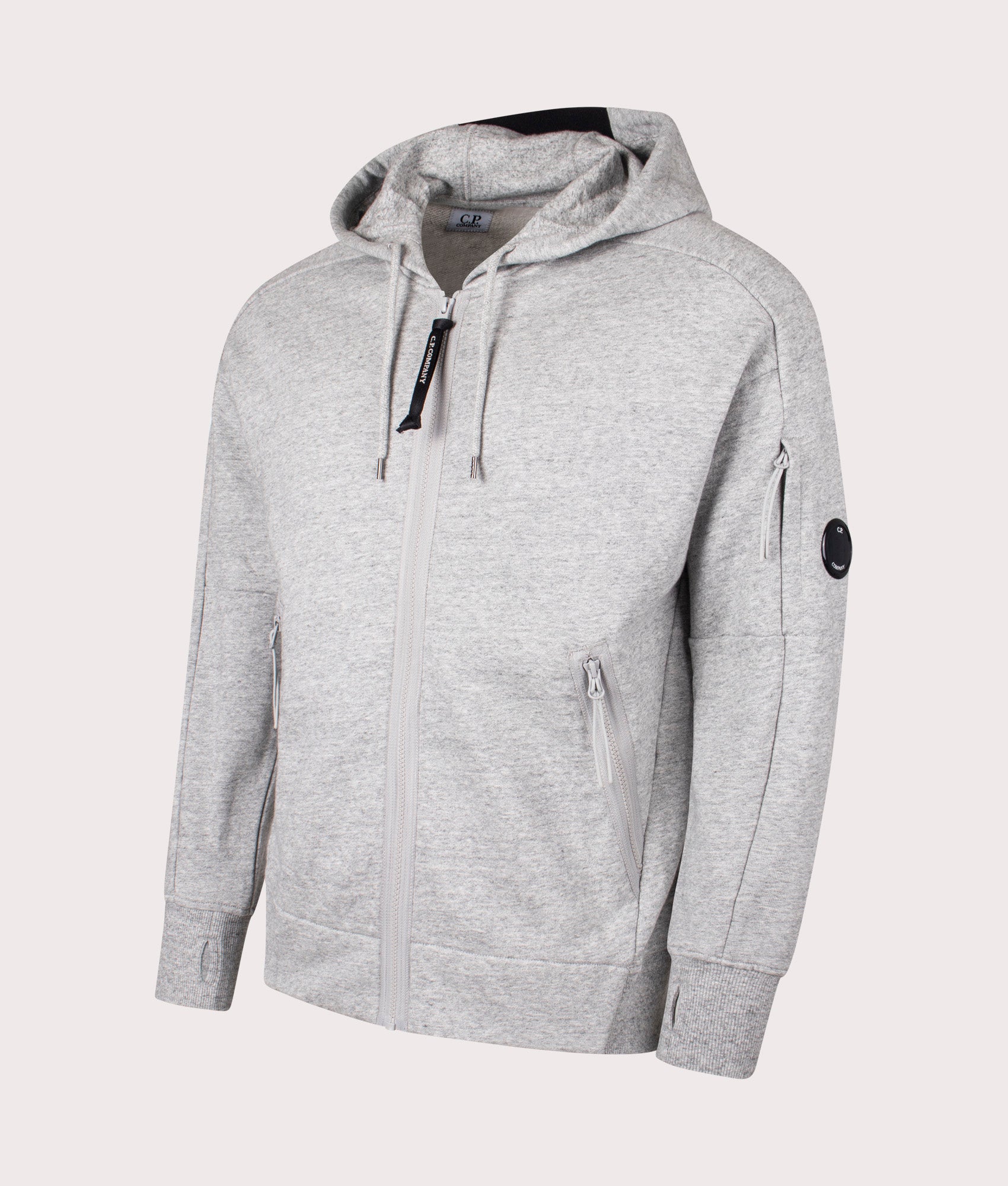 Diagonal Raised Fleece Zip Through Hoodie in Greystone Melange by C.P. Company. EQVVS Shot.
