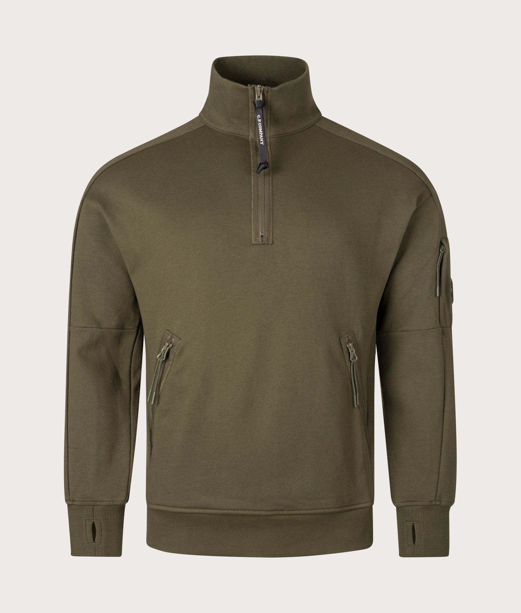 CP Company Diagonal Raised Fleece Quarter Zip Sweatshirt In Ivy Green at EQVVS menswear front shot