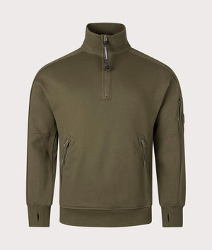 CP Company Diagonal Raised Fleece Quarter Zip Sweatshirt In Ivy Green at EQVVS menswear front shot