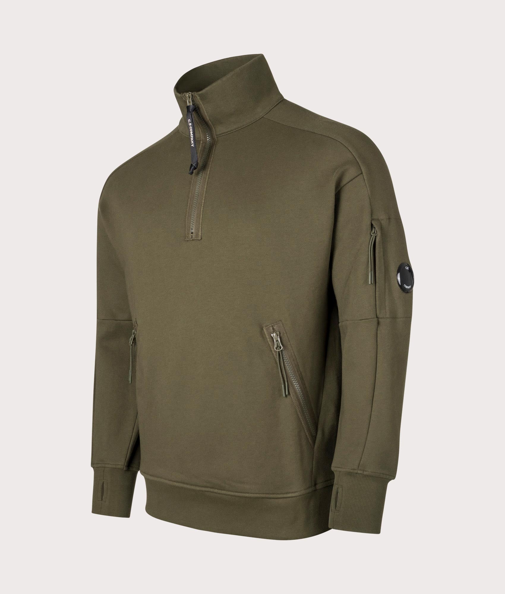 CP Company Diagonal Raised Fleece Quarter Zip Sweatshirt In Ivy Green at EQVVS menswear side shot