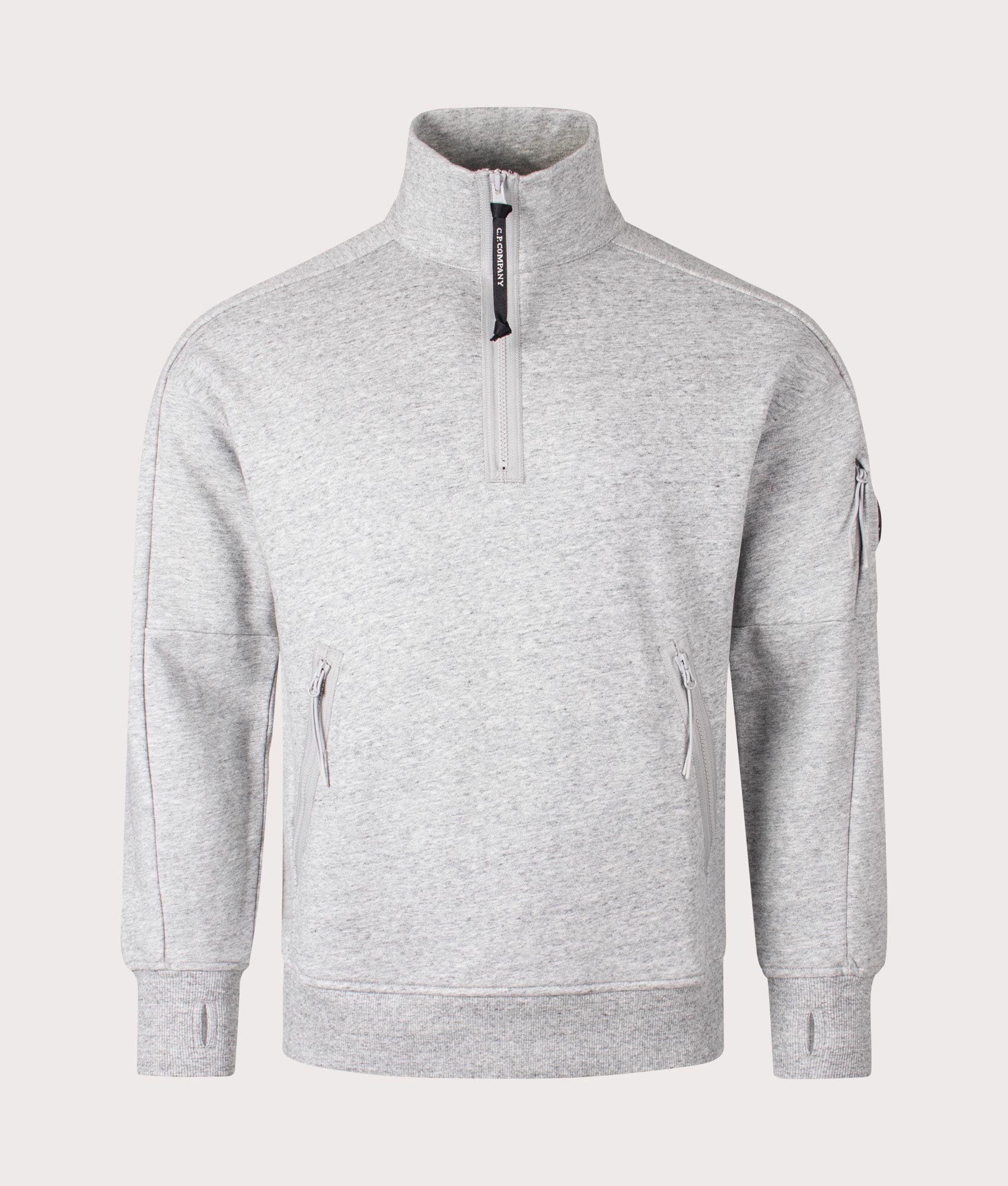 CP Company Diagonal Raised Fleece Quarter Zip Sweatshirt in Greystone Melange at EQVVS Menswear front shot 