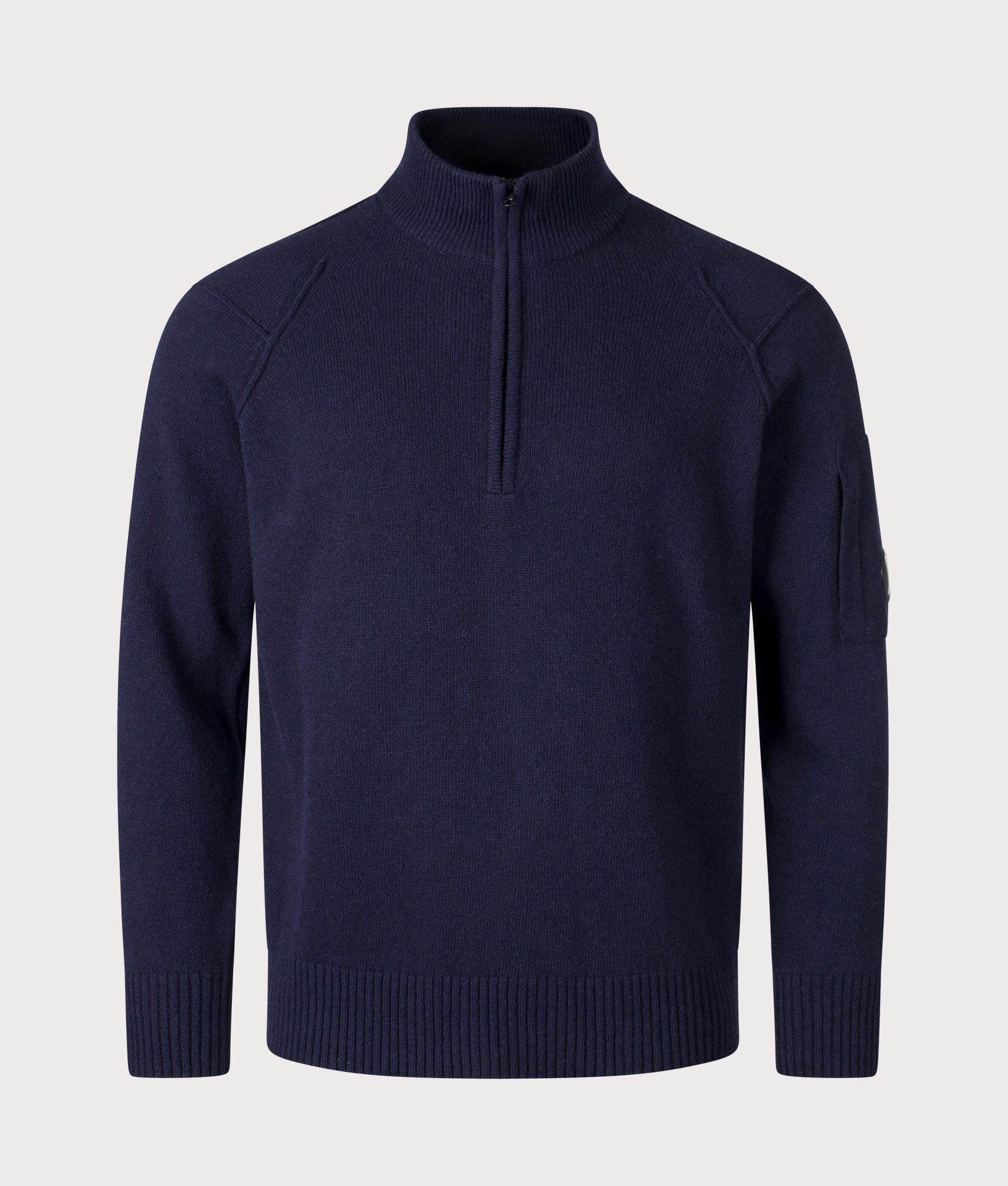 Lambswool Quarter Zip Knitted Jumper in Total Eclipse by C.P. Company. EQVVS Shot.
