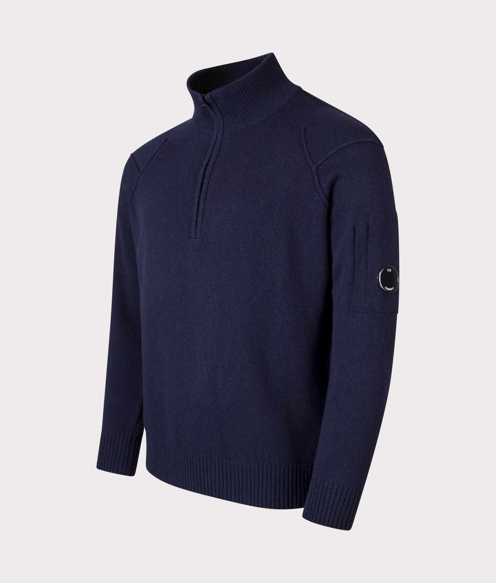Lambswool Quarter Zip Knitted Jumper in Total Eclipse by C.P. Company. EQVVS Shot. 
