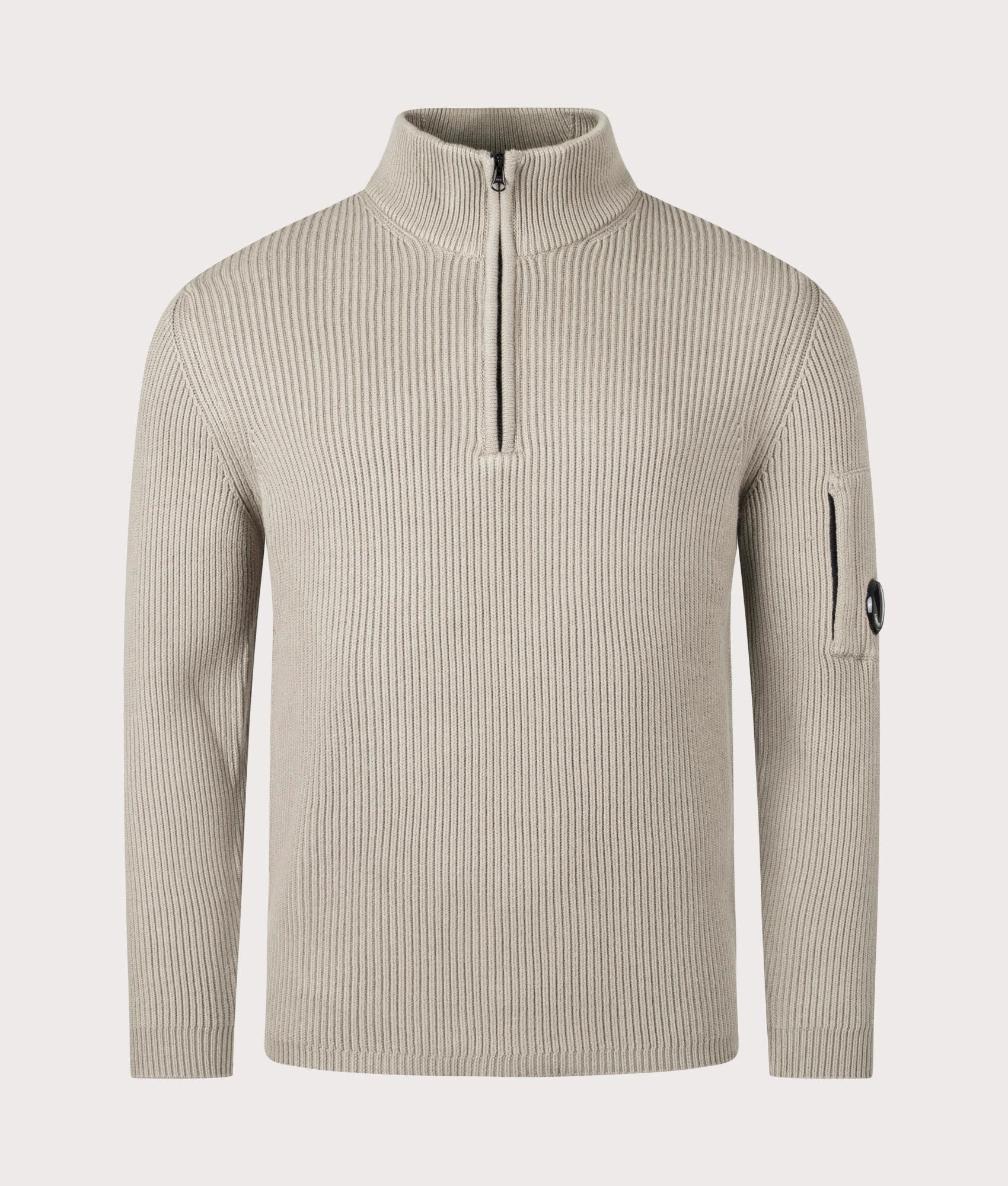 CP Company Full Rib Quarter Zip Knitted Jumper in 327 Vintage Khaki. At EQVVS Menswear. Front detail shot