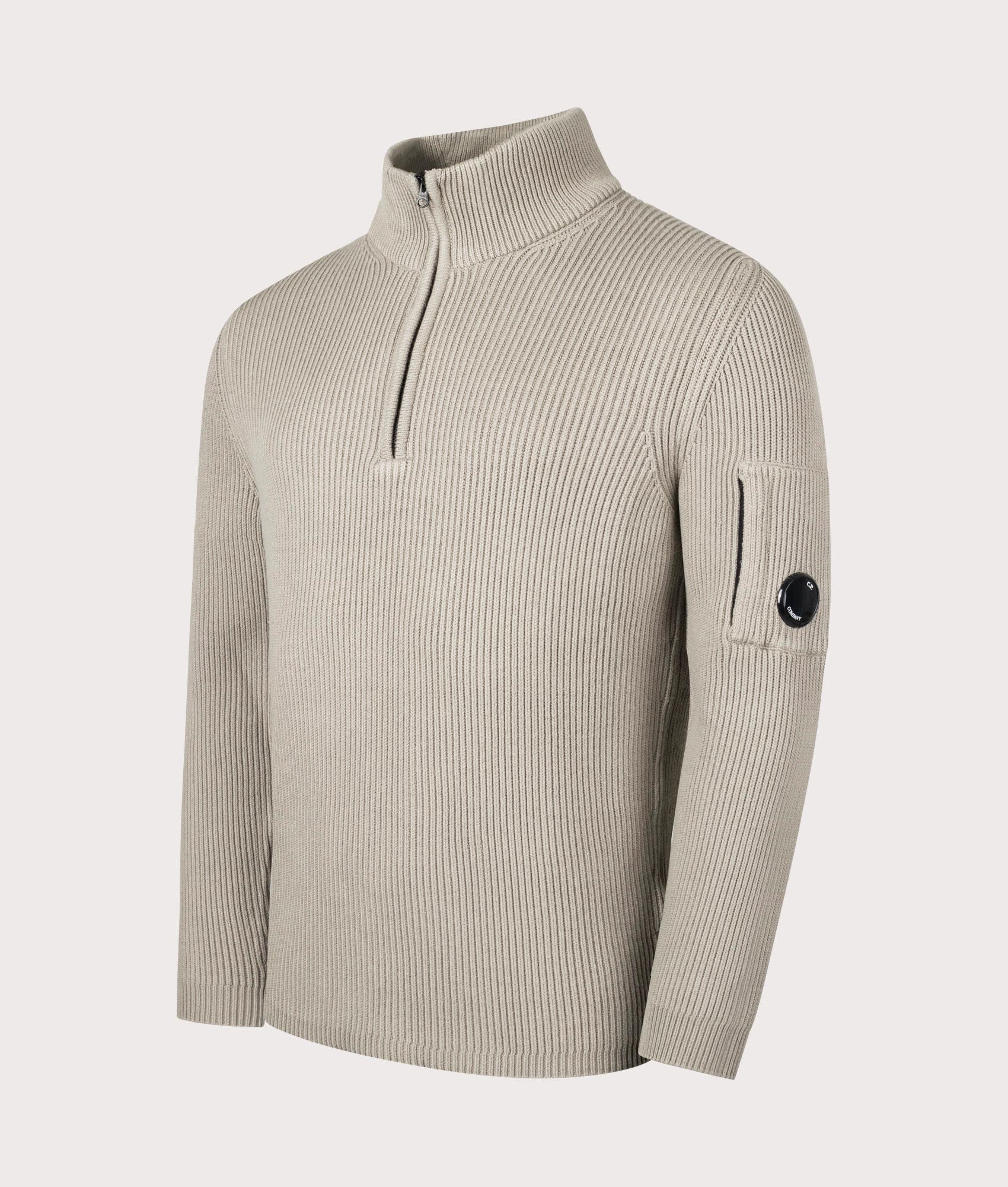 CP Company Full Rib Quarter Zip Knitted Jumper in 327 Vintage Khaki. At EQVVS Menswear. Front angle shot
