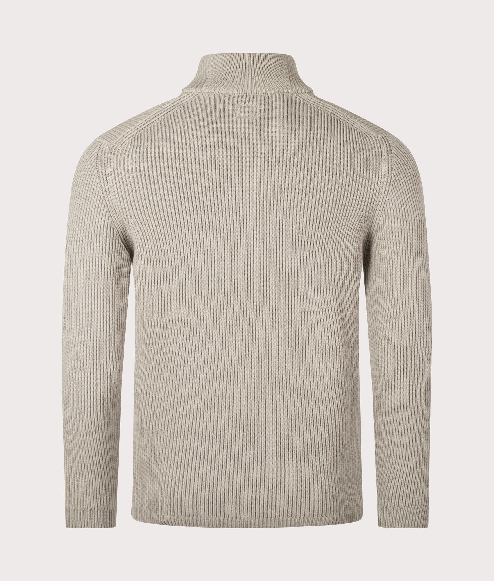 CP Company Full Rib Quarter Zip Knitted Jumper in 327 Vintage Khaki. At EQVVS Menswear. Back shot