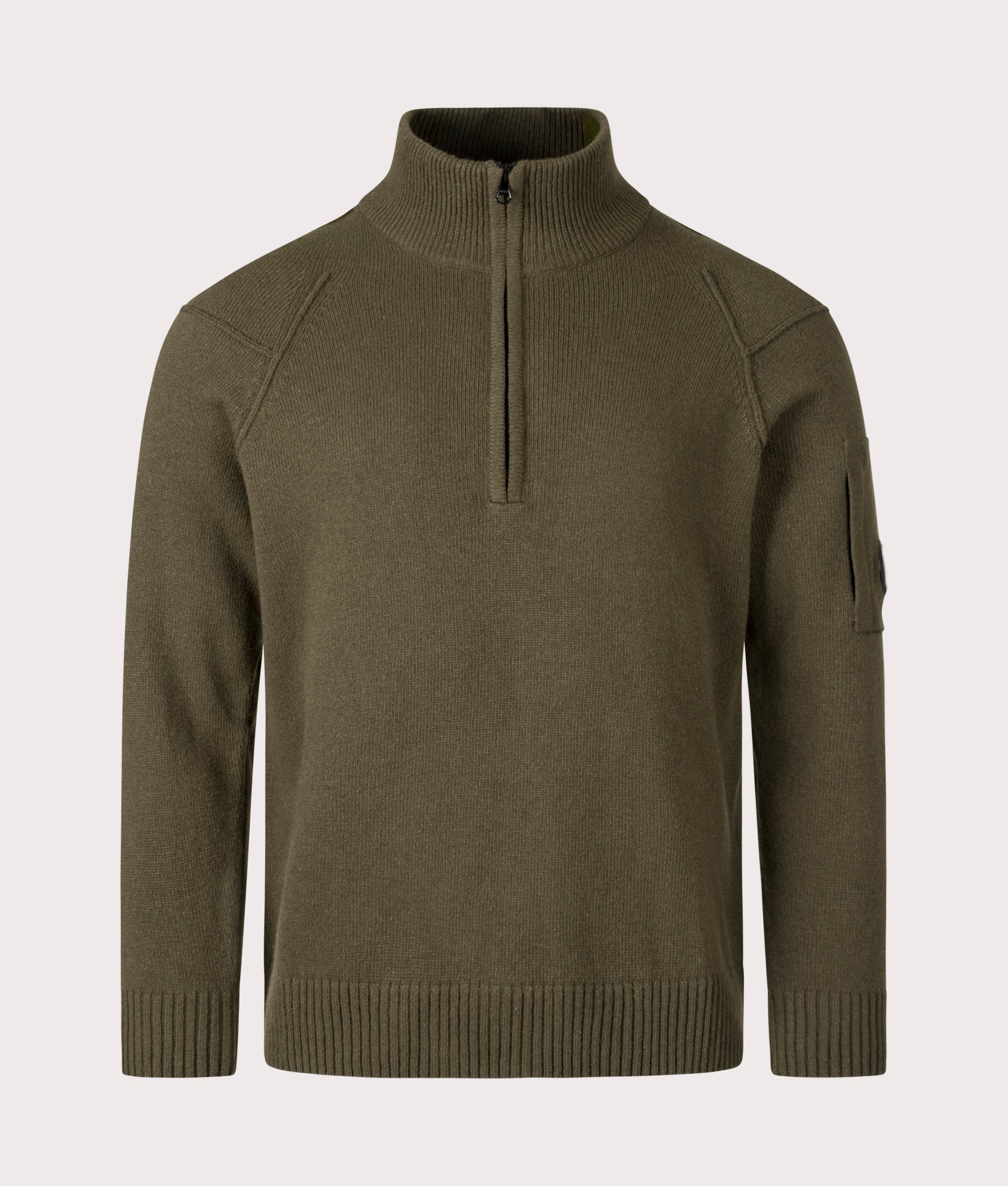 Ivy Green Lambswool Quarter Zip Jumper by C.P. Company. Shot at EQVVS. Front shot.