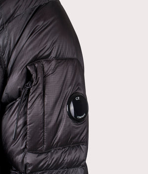 CP Company DD Shell Medium Jacket in Black. At EQVVS Menswear. Logo sleeve shot