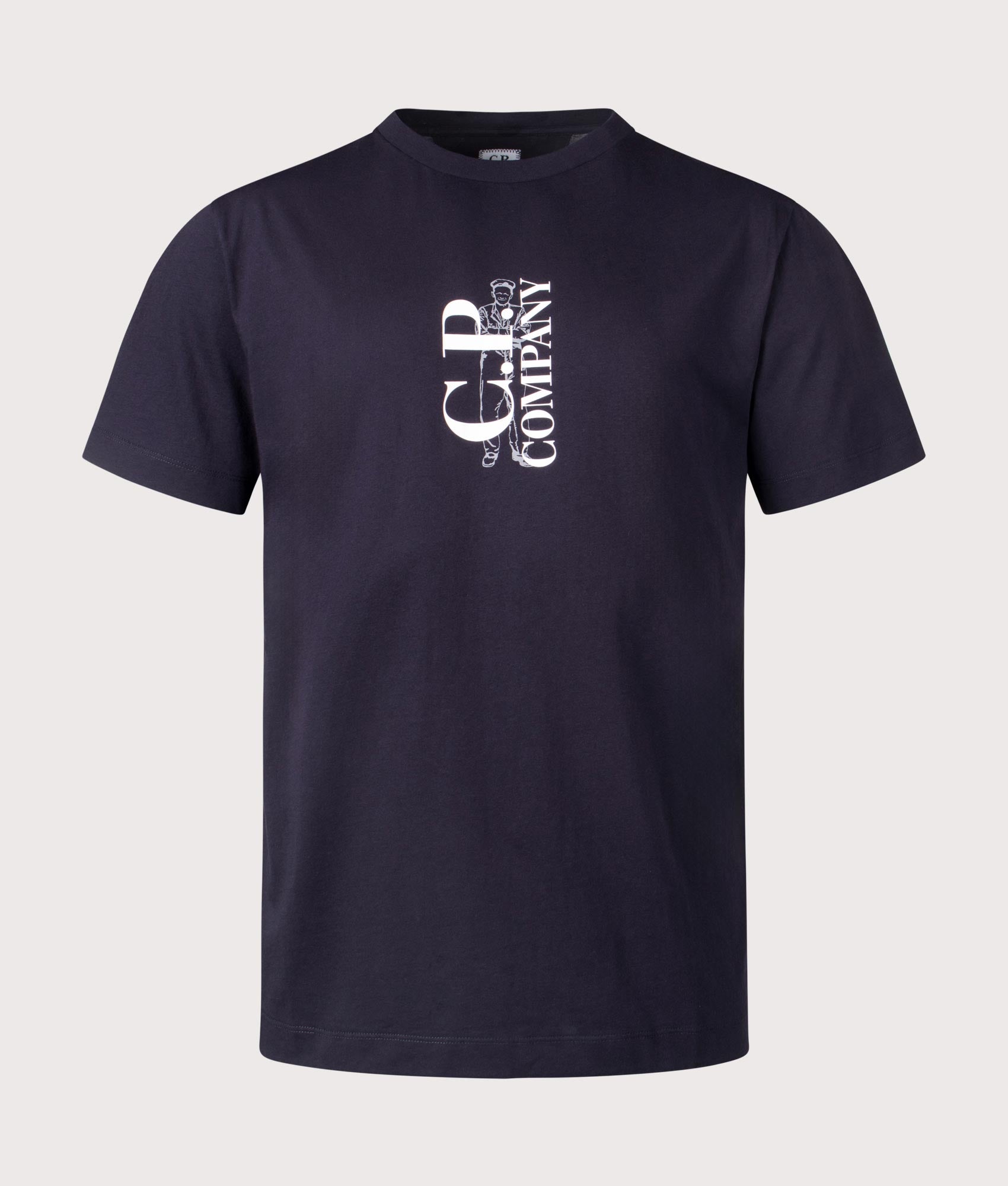 Vertical Logo T-Shirt in Total Eclipse by C.P. Company at EQVVS. Front Angle Shot.