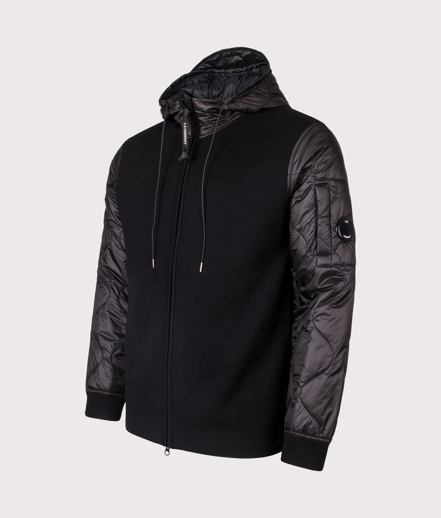 Extrafine Merino Wool Mixed Hooded Zip D.D. Shell Sweater. Front detail shot.