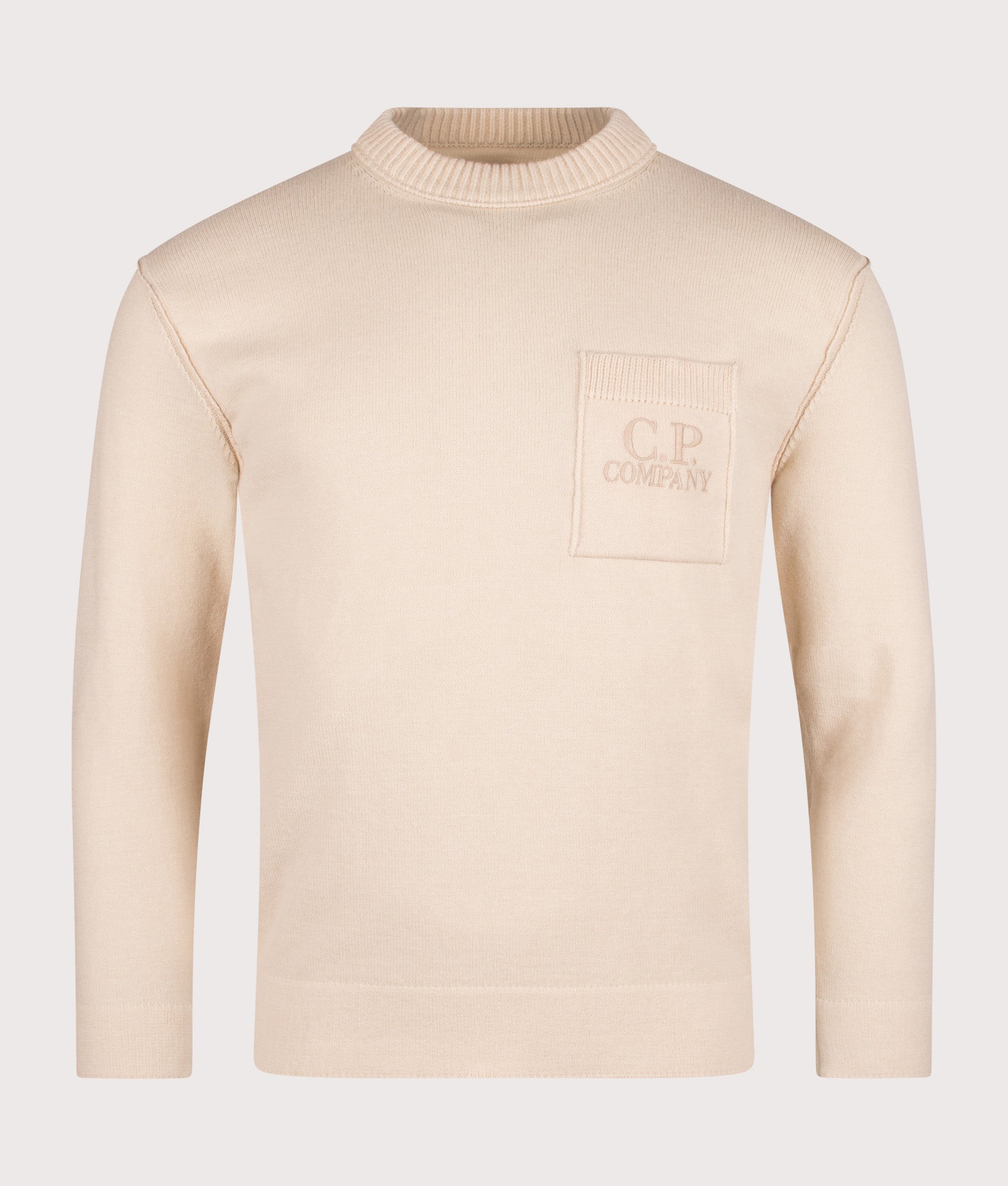 Knitted Crewneck Pocket Sweatshirt in Pistachio Shell | Cotton Blend | C.P. Company | EQVVS | Front shot 