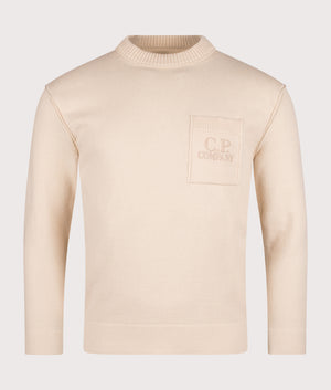 Knitted Crewneck Pocket Sweatshirt in Pistachio Shell | Cotton Blend | C.P. Company | EQVVS | Front shot 