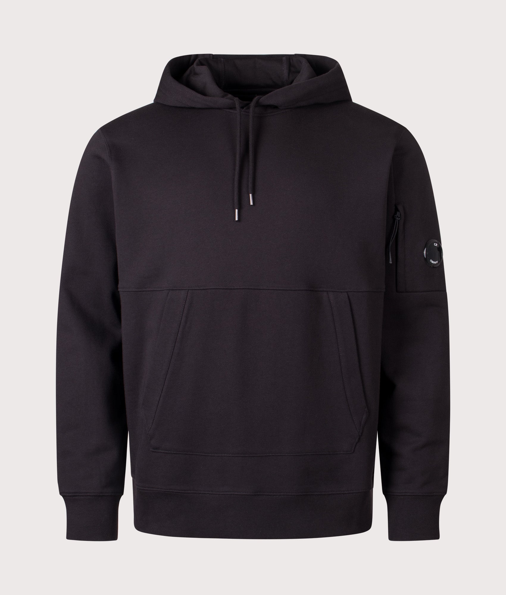 Diagonal Raised Fleece Lens Hoodie in Black | 100% Cotton | C.P. Company | EQVVS | Front shot 