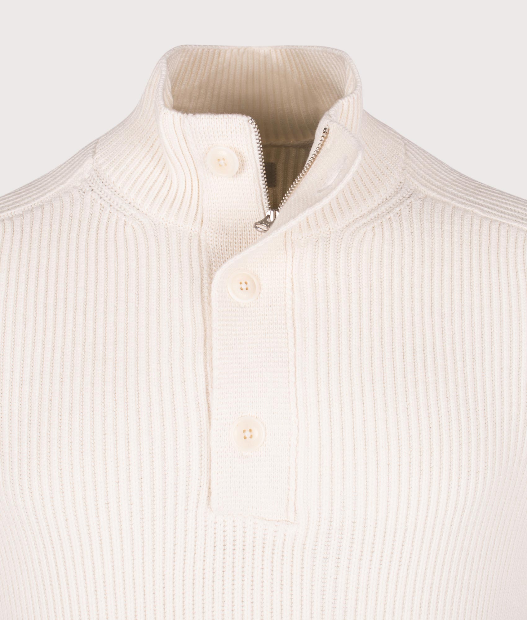 Full Rib Half Button Jumper. Shot by EQVVS. Detail shot collar.