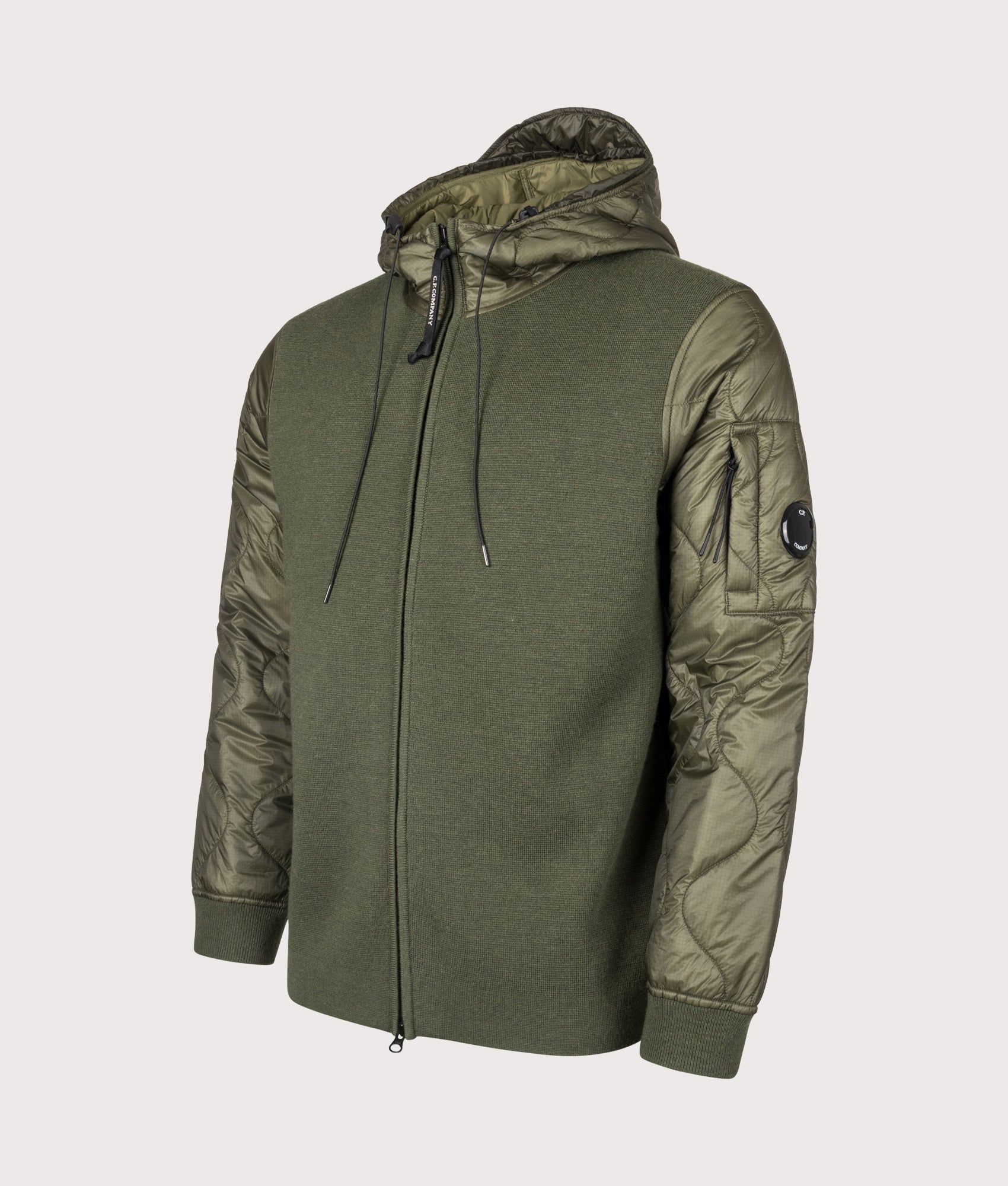 Extrafine Merino Wool Mixed Hooded Zip D.D. Shell Sweater. Shot by EQVVS. Front detail shot.
