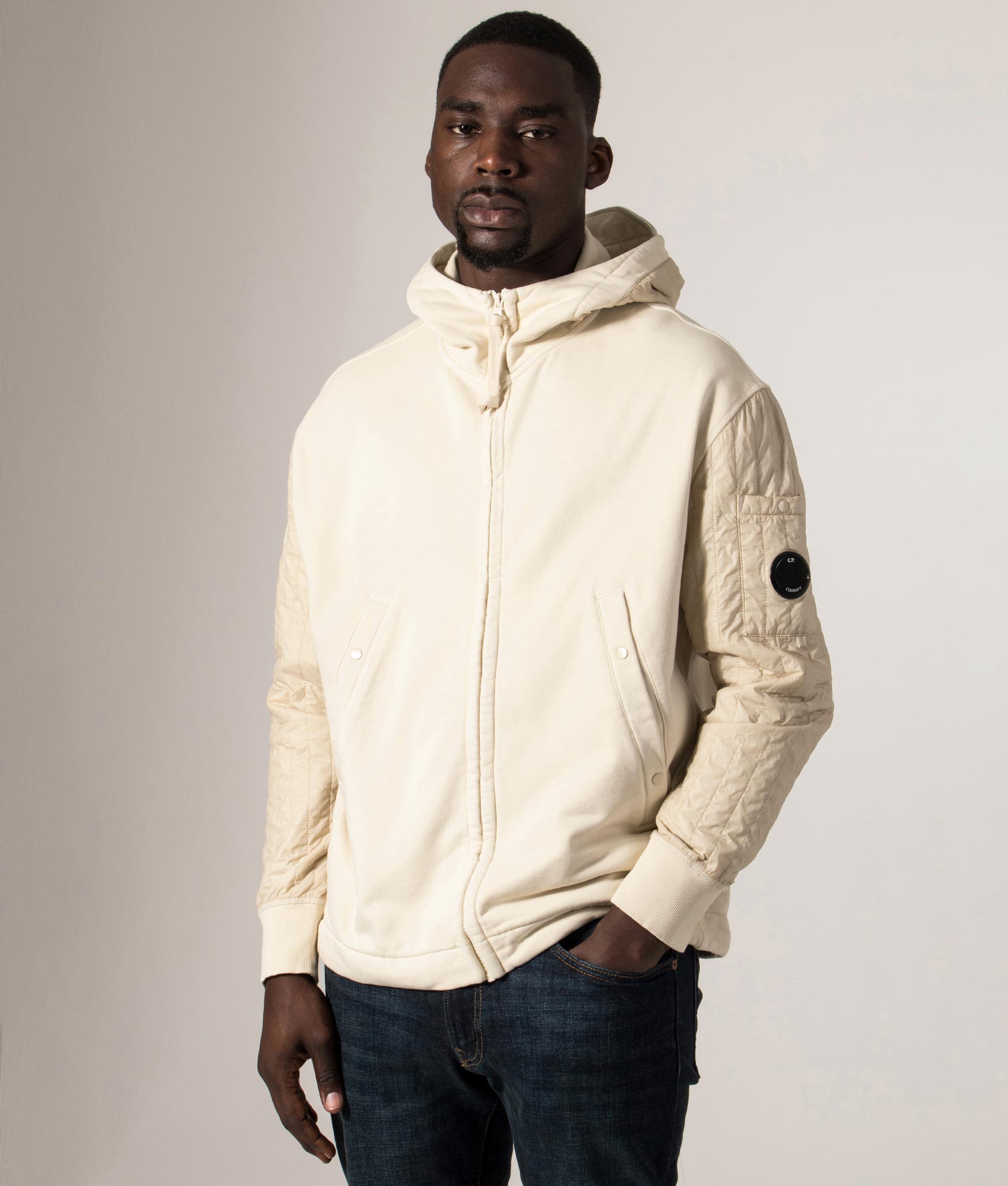 Diagonal Raised Fleece Full Zip Hooded Sweatshirt. Shot by EQVVS. Front angle model shot.