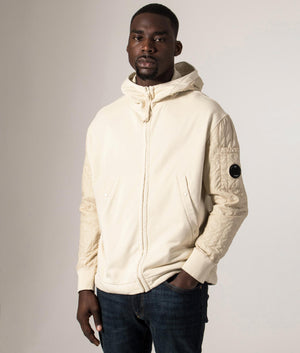 Diagonal Raised Fleece Full Zip Hooded Sweatshirt. Shot by EQVVS. Front angle model shot.
