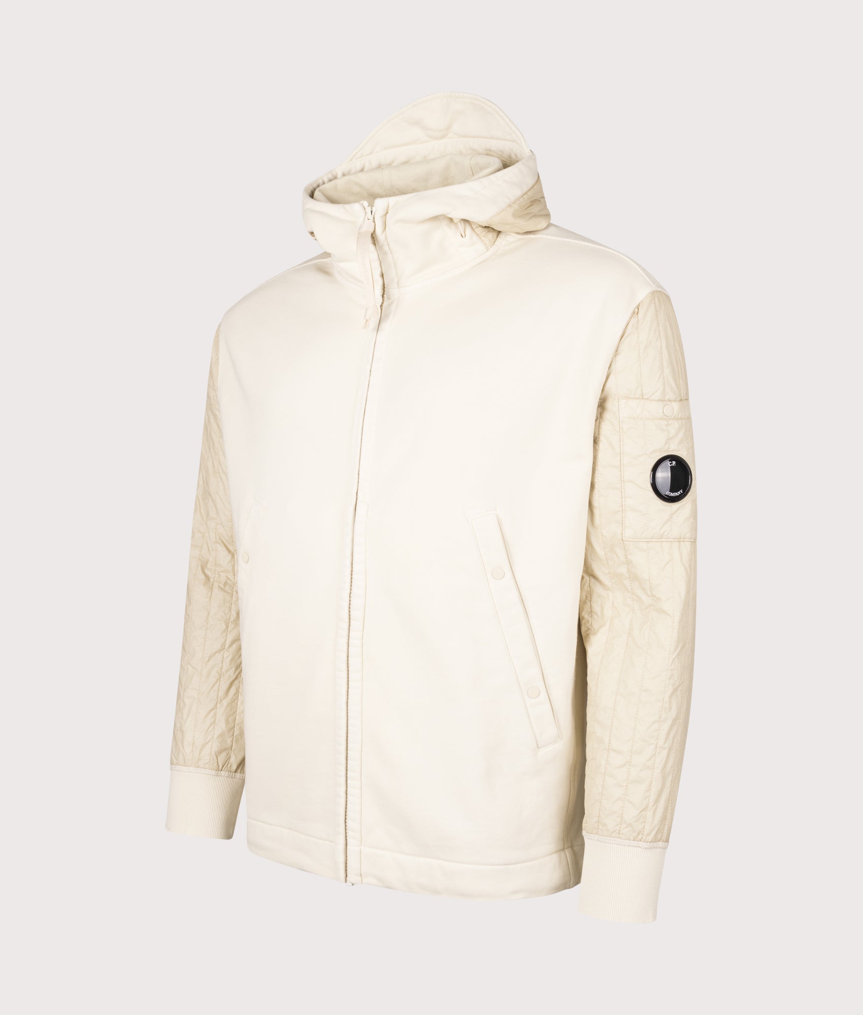 Diagonal Raised Fleece Full Zip Hooded Sweatshirt. Shot by EQVVS. Front detail shot.