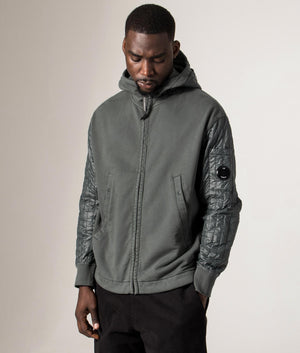 Diagonal Raised Fleece Full Zip Hooded Sweatshirt. Shot by EQVVS. Model front angle shot.