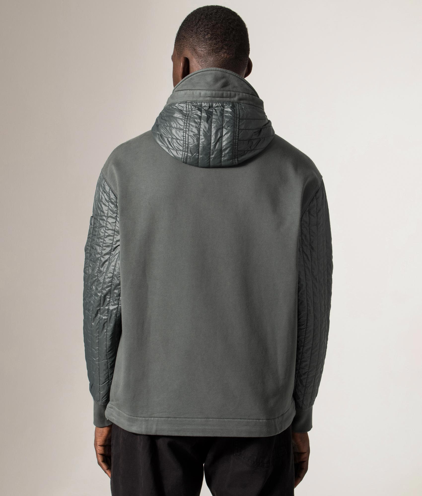 Diagonal Raised Fleece Full Zip Hooded Sweatshirt. Shot by EQVVS. Model back shot.